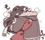  1girl back bangs black_hair blush brown_hair coat couple embarrassed full-face_blush fur_trim hair_ribbon half_updo headband hetero hibiki_ryouga hood hood_down hooded_jacket hug jacket long_hair long_sleeves multicolored_hair pants plaid plaid_skirt ranma_1/2 red_hair ribbon scarf skirt smoke unryuu_akari wanta_(futoshi) white_background winter_clothes 