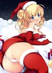  ass blonde_hair blue_eyes blush breasts christmas gift gloves hat large_breasts looking_at_viewer looking_back md5_mismatch open_mouth original panties red_gloves ruri_rarako santa_costume santa_hat smile solo thighhighs thighs underwear white_panties 