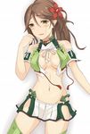  amagi_(kantai_collection) bare_shoulders breasts brown_eyes brown_hair crop_top esuto flower green_legwear groin hair_between_eyes hair_flower hair_ornament highres kantai_collection large_breasts long_hair looking_at_viewer midriff mole mole_under_eye navel open_clothes parted_lips ponytail remodel_(kantai_collection) short_sleeves simple_background solo thighhighs zettai_ryouiki 