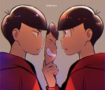 ^_^ artist_name bad_id bad_twitter_id brothers character_mask chromatic_aberration closed_eyes face-to-face from_side frown gradient grey_background grin holding holding_mask hood hood_down hoodie korean looking_at_another male_focus mask mask_removed matsuno_karamatsu matsuno_osomatsu mery_(apfl0515) multiple_boys osomatsu-kun osomatsu-san profile siblings simple_background smile symmetry upper_body wristband 