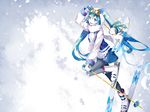  amatsukiryoyu aqua_hair blue_hair blue_skirt boots coat gloves goggles goggles_on_head hand_on_own_head hatsune_miku highres ice long_hair multicolored_hair open_mouth pantyhose scarf simple_background ski_boots skiing skirt smile snowflake_print twintails very_long_hair vocaloid white_footwear white_gloves winter_clothes winter_coat yuki_miku yukine_(vocaloid) zipper 