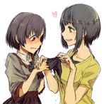  age_difference black_hair blush brown_eyes collarbone gloves gloves_removed hand_on_own_chest heart idolmaster idolmaster_cinderella_girls kyouno multiple_girls removing_glove shiragiku_hotaru short_hair single_glove takafuji_kako upper_body yellow_eyes yuri 