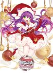  blush boots breasts christmas_ornaments gloves green_eyes hat joypyonn league_of_legends long_hair looking_at_viewer lulu_(league_of_legends) medium_breasts merry_christmas purple_hair red_gloves santa_boots santa_costume santa_hat solo star string 