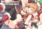  2015 ;d ameto_yuki aqua_eyes artist_name ass bangs black_gloves breasts cape christmas circle_name clarisse_(granblue_fantasy) cleavage gloves granblue_fantasy hat light_brown_hair looking_at_viewer medium_breasts merry_christmas midriff one_eye_closed open_mouth santa_hat smile solo swept_bangs wavy_hair 