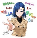  2016 blue_eyes blue_hair coat commentary_request earrings hair_ornament hairclip ira_megumi jewelry kawaii_joushi_o_komarasetai short_hair signature smile solo tachibana_roku translation_request upper_body v 