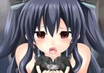  bare_shoulders black_hair blush cum cum_in_mouth cum_on_tongue cupping_hands fellatio gloves long_hair neptune_(series) open_mouth oral rape red_eyes solo tears uni_(choujigen_game_neptune) vesperia 