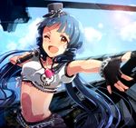  anaroguya black_gloves blue_hair cloud day fingerless_gloves gloves holding holding_microphone idolmaster idolmaster_million_live! jewelry kitakami_reika lens_flare long_hair looking_at_viewer microphone midriff navel necklace one_eye_closed open_mouth outstretched_arm outstretched_hand shirt sky solo sun tied_shirt yellow_eyes 
