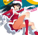  ass black_hair blush boots breasts christmas cleavage commentary_request earrings fur-trimmed_boots fur_trim gloves green_eyes hat idolmaster idolmaster_cinderella_girls jewelry knee_boots long_hair mappaninatta no_panties open_mouth red_footwear santa_boots santa_costume santa_hat shibuya_rin small_breasts solo 