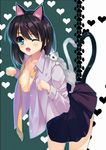  ;o animal_ears areolae bad_id bad_pixiv_id bent_over blush brown_hair cat_ears cat_tail collarbone collared_shirt green_eyes grey_fur hair_between_eyes long_sleeves looking_at_viewer necktie neko_neko_koneko on_shoulder one_eye_closed original paw_pose pleated_skirt shirt skirt solo standing tail undone_necktie yellow_neckwear 