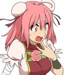  ahoge blush breasts cuffs d: double_bun dress flower hand_to_own_mouth ibaraki_kasen leon_(mikiri_hassha) medium_breasts open_mouth orange_eyes pink_hair rose solo surprised tabard touhou 