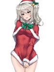  arm_behind_back bell blue_eyes blush bow breasts capelet christmas covered_navel covering covering_crotch embarrassed fur_trim hair_bell hair_ornament hat highres kantai_collection kashima_(kantai_collection) leaf legs long_hair medium_breasts no_pants okita_ababa open_mouth red_capelet santa_costume santa_hat shirt_tug sidelocks silver_hair solo twintails wavy_hair wavy_mouth 