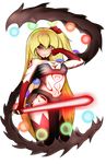  alternate_costume armor bikini_armor blonde_hair boots breasts energy_sword flandre_scarlet full_body_tattoo gloves highres hips large_breasts lightsaber loincloth nanostar red_eyes side_ponytail sith smile solo star_wars sword tattoo thigh_boots thighhighs touhou transparent_background weapon wings 