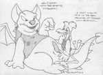  animal_genitalia anthro avian bottomless clothed clothing dialogue duo english_text erection genital_slit greyscale half-dressed imp lenny_(neopets) male male/male mizzyam monochrome neopets nervous overweight pencil_(artwork) penis pointing shirt size_difference slit spade_tail straddling text traditional_media_(artwork) vest 