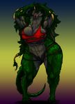  absurd_res anthro big_breasts breasts cleavage clothed clothing female fur green_fur hair hi_res horn huge_breasts hyde markings muscular skygga teeth thick_thighs tongue tongue_out torn_clothing 