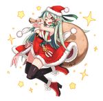  bail blush breasts capelet christmas cleavage dress gloves green_hair hair_ornament hat long_hair looking_at_viewer medium_breasts one_eye_closed original pointy_ears red_eyes ribbon sack santa_costume santa_hat solo thighhighs very_long_hair 