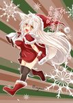  animal_ear_fluff animal_ears bag black_legwear blonde_hair breasts christmas eyebrows fang fox_ears fox_tail gloves hat kohaku_(yua) large_breasts long_hair open_mouth original red_gloves running santa_costume santa_hat smile solo tail thick_eyebrows thighhighs translated very_long_hair yellow_eyes yua_(checkmate) zettai_ryouiki 