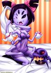  anthro arachnid arthropod bbmbbf bed bedroom_eyes breasts clothing female hair_bow half-closed_eyes happy hi_res lingerie muffet naughty_face nipples palcomix seductive spider suggestive tea_cup undertale video_games 