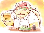  alcohol beer beverage blush bowser chopsticks clothing food garousuki hair holding holding_glass horn koopa male mario_bros nintendo pepper red_hair restaurant salad scalie shell simple_background solo traditional_media_(artwork) video_games watercolor_(artwork) 