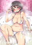  2015 artist_name bare_arms bare_shoulders barefoot bathing bathtub bikini black_hair blush breasts brown_hair cleavage collarbone covered_nipples dated groin heart heart-shaped_pupils highres imazon indoors large_breasts looking_at_viewer navel o-ring o-ring_bikini original short_hair side-tie_bikini solo sweatdrop swimsuit symbol-shaped_pupils tile_wall tiles tongue tongue_out twitter_username v_over_eye water_drop wet 