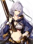  belt braid breasts cape cleavage_cutout crop_top granblue_fantasy gun hair_between_eyes hand_on_hip highres large_breasts long_hair looking_at_viewer midriff navel open_mouth oyu_(sijimisizimi) shell_casing silva_(granblue_fantasy) silver_hair skirt skirt_set solo twin_braids very_long_hair wavy_hair weapon yellow_eyes 