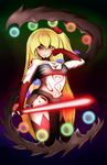  alternate_costume armor bikini_armor blonde_hair boots breasts commentary energy_sword flandre_scarlet full_body_tattoo gloves highres hips large_breasts lightsaber loincloth nanostar red_eyes side_ponytail sith smile solo star_wars sword tattoo thigh_boots thighhighs touhou weapon wings 