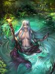  bare_shoulders blue_eyes breasts clothes_removed genderswap genderswap_(mtf) hair_censor hair_over_breasts highres huge_breasts jax_(league_of_legends) league_of_legends long_hair looking_at_viewer maotu mask mask_removed navel partially_submerged plant silver_hair smile solo staff very_long_hair 