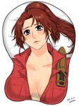  bed_sheet blue_eyes blush breast_mousepad breasts brown_hair claire_redfield cleavage collarbone huge_breasts long_hair mousepad parted_lips pocket ponytail resident_evil resident_evil_2 simple_background smile solo upper_body white_background yoyogin 