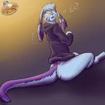  anthro barefoot big_ears blue_fur bottomless clothed clothing eyewear fur glasses half-dressed hybrid lagomorph looking_at_viewer male mammal markings mene menebunny mustelid otter purple_fur rabbit sitting solo surprise 