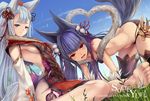  all_fours animal_ears anklet bangs bare_back bare_shoulders barefoot bell black_legwear black_panties blue_eyes blue_hair blue_sky blunt_bangs blush breasts butt_crack character_name copyright_name day detached_sleeves erune fang flower fox_ears fox_tail fukai_ryousuke fur_trim granblue_fantasy grass hair_bell hair_ornament hair_ribbon heart jewelry jingle_bell knot leg_ribbon long_hair looking_at_viewer medium_breasts multiple_girls outdoors panties purple_ribbon red_eyes ribbon sideboob silver_hair sitting sky smile socie_(granblue_fantasy) soles tail tassel text_focus thighhighs underwear very_long_hair wolf_ears yuel_(granblue_fantasy) 