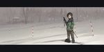  astg bag black_hair highres jacket kurosaki_honoka lamppost outdoors short_hair snow snowing solo tree tripod yama_no_susume 