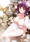  absurdres ami_hideto blush bottle breast_hold breasts brown_eyes collarbone cup custom_maid_3d headdress highres large_breasts nipples nude onsen open_mouth purple_hair sakazuki sake_bottle short_hair short_twintails smile snow solo towel tray twintails 