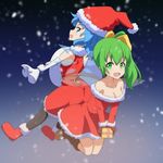  :d ass-to-ass bag bare_shoulders black_legwear blue_eyes blue_hair box breasts brown_gloves cato_(monocatienus) cirno cleavage daiyousei dress elbow_gloves fairy_wings gift gift_box gloves green_eyes green_hair hair_ribbon hat ice ice_wings long_sleeves looking_at_viewer medium_breasts multiple_girls open_mouth pantyhose red_dress ribbon santa_costume santa_hat side_ponytail sleeveless sleeveless_dress smile smug snowing touhou v-shaped_eyebrows white_legwear wings 