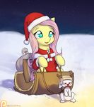  2015 alasou angel_(mlp) christmas costume duo equine eyelashes female fluttershy_(mlp) friendship_is_magic fur hair hat hi_res holidays horse lagomorph long_hair male mammal my_little_pony patreon pink_hair pony rabbit reins santa_costume santa_hat sled teal_eyes unamused white_fur yellow_fur 