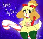  animal_crossing anthro areola bedroom_eyes big_areola big_breasts breasts canine christmas clothing female fur gloves half-closed_eyes holidays huge_areola isabelle_(animal_crossing) legwear mammal nintendo nude seductive solo stockings theyands thong video_games white_sclera yellow_fur 