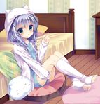  :&lt; angora_rabbit animal_hood barefoot bed bed_sheet blanket blue_eyes blue_shirt blush braid bunny bunny_hood candy carpet desk feet fluffy_legwear food full_body gochuumon_wa_usagi_desu_ka? green_eyes hair_between_eyes hair_ornament heterochromia holding holding_food hood indoors jacket kafuu_chino lollipop looking_at_viewer loungewear open_clothes open_jacket pillow shirt shorts sitting_on_pillow sleeping sweets table takashina_asahi tippy_(gochiusa) toeless_legwear toes twin_braids white_fur wooden_floor x_hair_ornament 