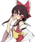  :o adjusting_eyewear ascot bare_shoulders bespectacled bow brown_hair detached_sleeves glasses hair_bow hair_tubes hakurei_reimu large_bow leon_(mikiri_hassha) looking_at_viewer red-framed_eyewear red_eyes sarashi short_hair solo touhou 