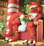  2015 amulet anklet anthro balls big_balls big_claws big_ears big_feet big_paws big_tail black_skin blitzdrachin candy candy_cane christmas decorations digimon digitigrade erection felix_the_guilmon food grin guilmon hall hat hi_res holidays humanoid_penis jewelry male overweight penis penis_bow piercing red_skin ring scalie slightly_chubby solo thick_penis throne uncut white_skin 