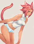  animal_ears bare_shoulders blue_eyes blue_panties breasts cat_ears cat_tail facial_mark final_fantasy final_fantasy_xiv halterneck highres lace lace-trimmed_panties looking_at_viewer makimura_shunsuke miqo'te navel no_pants panties pink_hair short_hair simple_background small_breasts smile solo tail underwear underwear_only 