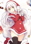  2015 :o absurdres ankle bag black_legwear blush boots capelet christmas dated dress feet_out_of_frame fur_trim gift green_eyes hat highres holding holding_bag leg_up long_hair merry_christmas mitoko_(tsuchikure) one_side_up open_mouth original paw_print red_capelet sack santa_costume santa_hat solo thighhighs thighs tsuchikure very_long_hair 