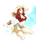  arm_up belt bike_shorts blue_background blue_eyes blush boots breasts brown_hair claire_redfield cleavage cowboy_hat denim denim_shorts full_body gun hand_in_hair handgun hat high_heels holster kikimimi_612 knee_boots kneeling large_breasts legs looking_at_viewer navel plaid plaid_shirt resident_evil resident_evil_revelations_2 revolver shirt short_shorts shorts simple_background smile solo star tied_shirt weapon white_background 