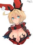  alternate_costume alternate_hair_length alternate_hairstyle animal_ears blonde_hair blue_eyes bow breasts cleavage cleavage_cutout collar crown ear_ribbon elphelt_valentine guilty_gear guilty_gear_xrd highres large_breasts pisuta_(yamashiro) portrait short_hair shoulder_pads solo spiked_collar spikes spoilers 