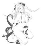  bikini bikini_bottom_removed bottomless breasts choker cleavage demon_tail ear_piercing eyes_visible_through_hair fang goshiki_suzu greyscale head_tilt horns kneeling long_hair long_horns looking_at_viewer medium_breasts monochrome multiple_tails navel nipples original piercing pointy_ears pubic_hair simple_background smile smirk solo swimsuit tail teeth undressing white_background 