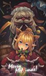  alpaca animal animal_ears bangs barrel bell belt blonde_hair bomb bow capelet cat_ears christmas clothed_animal commentary_request extra_ears fantasy felyne fire gloves green_bow green_eyes green_ribbon hat head_tilt highres looking_at_viewer melynx meowstress merry_christmas monster_hunter monster_hunter_x moofah mouth_hold night night_sky pointing pointing_at_self pointy_ears pun rebe11 red_gloves red_hat red_hood red_nose reindeer ribbon rope santa_costume santa_hat short_ponytail signature sky smile upper_body 
