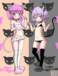  :&lt; animal_ears bandeau bell bikini blue_eyes blush breasts cat_ears cleavage collar ekz_(drawfag) elbow_gloves gloves groin jingle_bell lipstick_mark lowleg lowleg_bikini multiple_girls navel original paw_pose paw_shoes pink_hair purple_eyes purple_hair shoes short_hair skirt small_breasts smile swimsuit tail thighhighs 