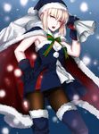  artoria_pendragon_(all) bag black_footwear black_legwear blonde_hair blue_santa_costume boots bow cape fate/grand_order fate_(series) fur-trimmed_boots fur_boots fur_trim gloves green_bow hat highres multicolored_bow open_mouth panties panties_under_pantyhose pantyhose pantyshot ribbon sack santa_alter santa_costume santa_hat sleeveless snow snowing solo striped striped_bow thigh_boots thighhighs underwear ycco_(estrella) yellow_eyes 