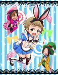  \_/ alice_(wonderland) alice_(wonderland)_(cosplay) alice_in_wonderland animal_ears animal_hood aqua_eyes argyle argyle_legwear blush brown_hair bunny_ears cat_hood cat_paws cat_tail cheshire_cat cheshire_cat_(cosplay) closed_eyes cosplay crossdressing dress dressy_alice fake_animal_ears fang full_body green_eyes happy_birthday highres himeno_kanon hood idolmaster idolmaster_side-m mad_hatter mad_hatter_(cosplay) male_focus mismatched_legwear mofumofuen multiple_boys okamura_nao open_mouth otoko_no_ko paws shamushamu smile tachibana_shirou tail thighhighs white_legwear 