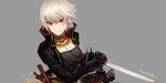  artist_name dungeon_and_fighter earrings female_slayer_(dungeon_and_fighter) holding holding_sword holding_weapon jewelry looking_at_viewer naemperor necklace red_eyes reverse_grip short_hair silver_hair simple_background smile solo sword sword_master_(dungeon_and_fighter) weapon 