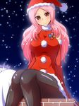  aokura_shou breasts cure_passion fresh_precure! hat higashi_setsuna highres large_breasts long_hair looking_at_viewer pantyhose pink_hair precure red_eyes santa_costume santa_hat sitting smile snow solo 