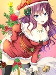 bag bent_over black_legwear blue_eyes breasts christmas_ornaments christmas_tree cleavage collarbone commentary_request hat ichinose_shiki idolmaster idolmaster_cinderella_girls jewelry large_breasts long_hair long_sleeves maki_(seventh_heaven_maxion) necklace open_mouth purple_hair santa_costume santa_hat smile solo thighhighs very_long_hair zettai_ryouiki 