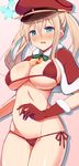  9law bikini blonde_hair blue_eyes blush breasts christmas gloves graf_zeppelin_(kantai_collection) hair_between_eyes hat highres kantai_collection large_breasts long_hair looking_at_viewer open_mouth red_bikini santa_hat side-tie_bikini sidelocks solo swimsuit twintails 